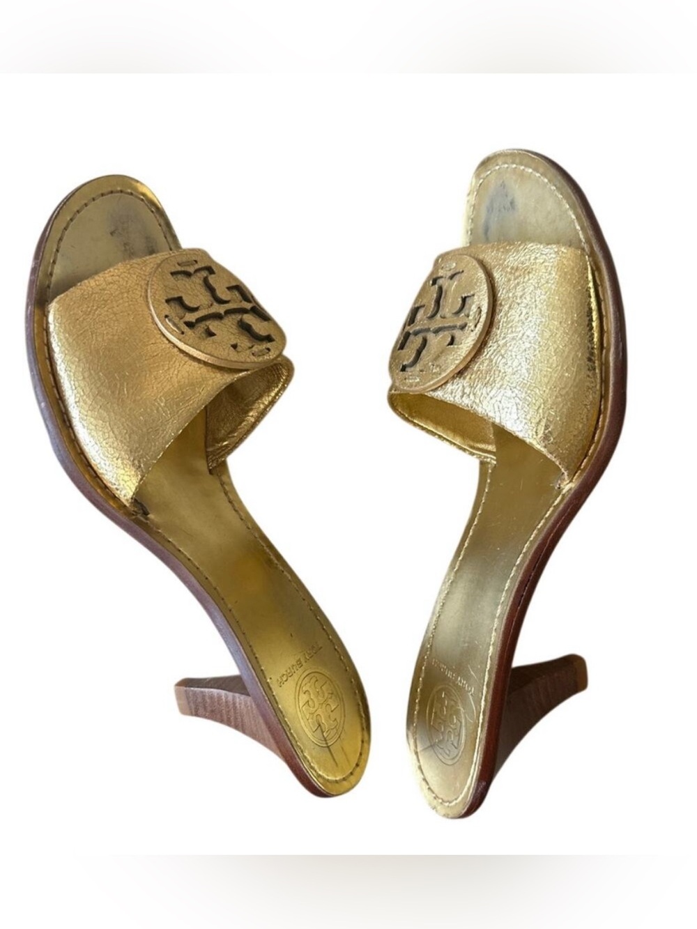 Tory Burch Aerin Metallic Gold Kitten Heel Slides 8.5